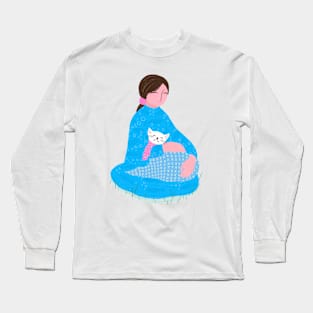 Cute girl and adorable white cat enjoying nature Long Sleeve T-Shirt